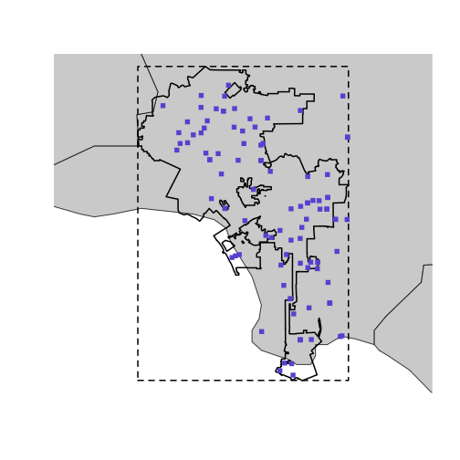 Los Angeles city boundary with bounding box and OpenAQ locations