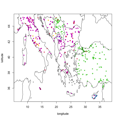 Plot of locations, styled with color by providers_id